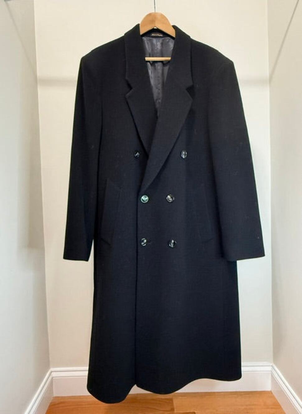 Virany Men’s Vintage 100% Wool Double‑Breasted Overcoat – Black, Sz42